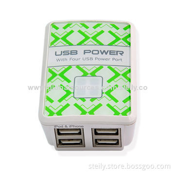 4-USB output mobile phone chargers for Samsung/BlackBerry/HTC/Nokia, EU/USA/UK Standards